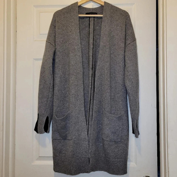 360 100% Cashmere Open Long Cardigan grey with black borders size L - Picture 1 of 6